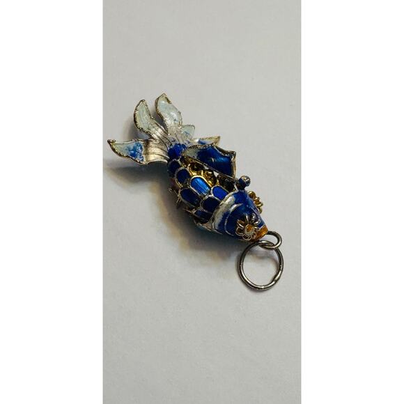 Vintage Blue Enamel Koi Fish Pendant Articulated Gilded - Picture 3 of 12